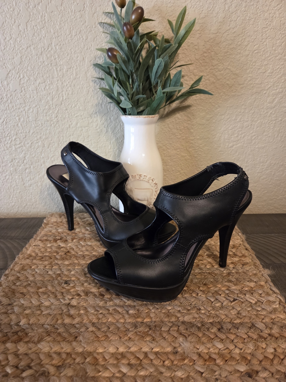 Vera Wang Black Cutout Peep-Toe High Heels